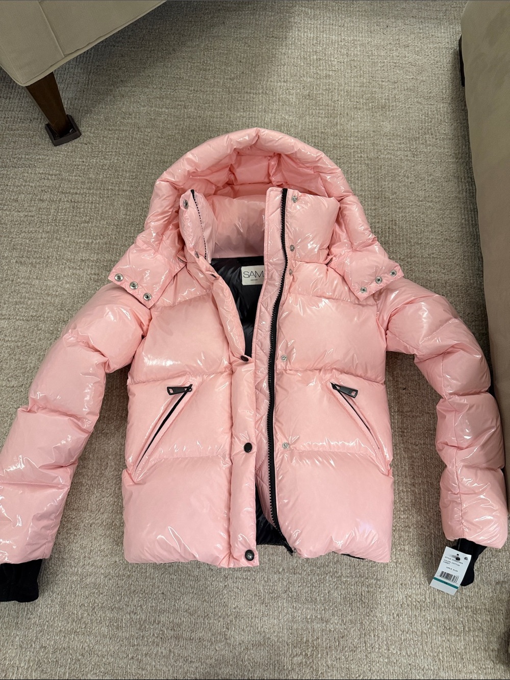 Sam Edelman Glossy Light Pink Hooded Puffer Jacket